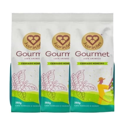3 Corações Gourmet Café Moído Cerrado Mineiro 100% Arábica, Kit com 3 Unidades de 250g
