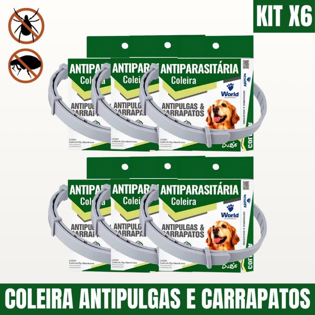 6 Coleiras Contra Pulgas e Carrapatos Antiparasitária Dugs Para Cães World Veterinária