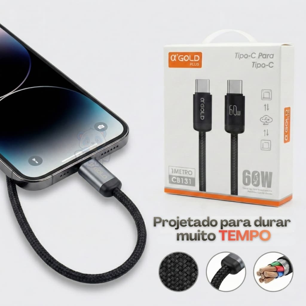 Cabo Tipo C Para Tipo C 60W Turbo iPhone 15 PD Trançado USB-C S24 1m Resistente Carga Rápida A'Gold