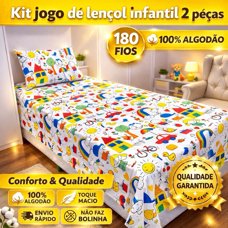 Kit Jogo de Lençol Infantil Premium 2 Peças 100% Algodão 180 Fios