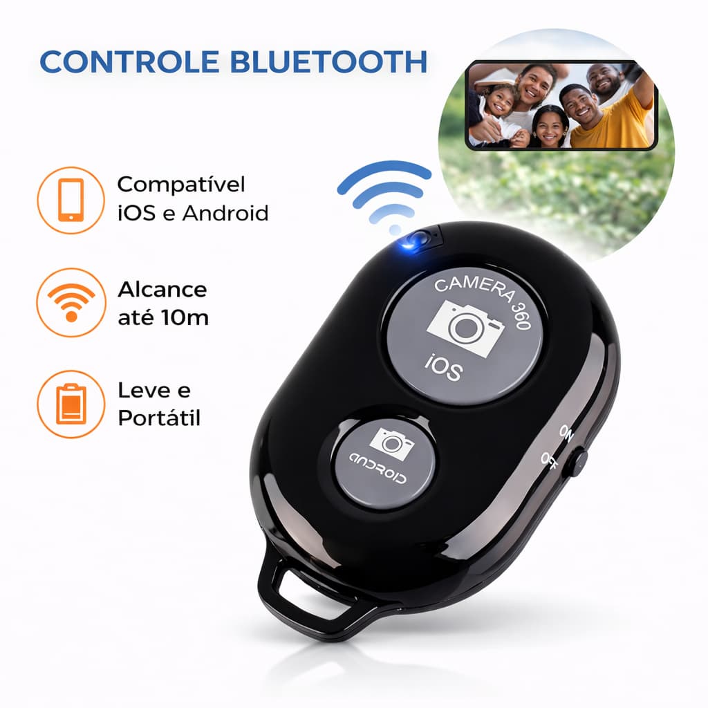 Controle Bluetooth Disparador de Fotos e Vídeos Shutter Selfie Compatível Celulares Android e Iphone