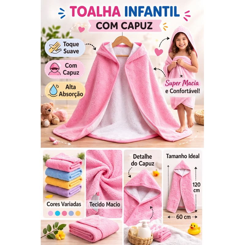 Toalha De Banho Bebê Com Capuz Macia Absorvente Infantil