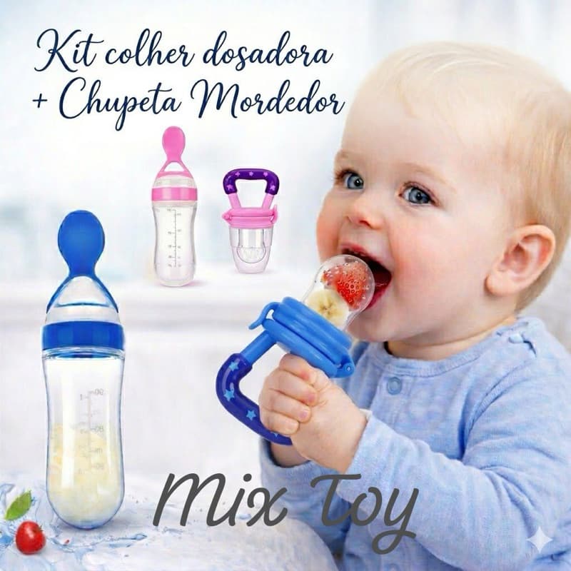 Kit Alimentação Chupeta Mordedor Porta Frutas e Mamadeira de Silicone com Colher Dosadora
