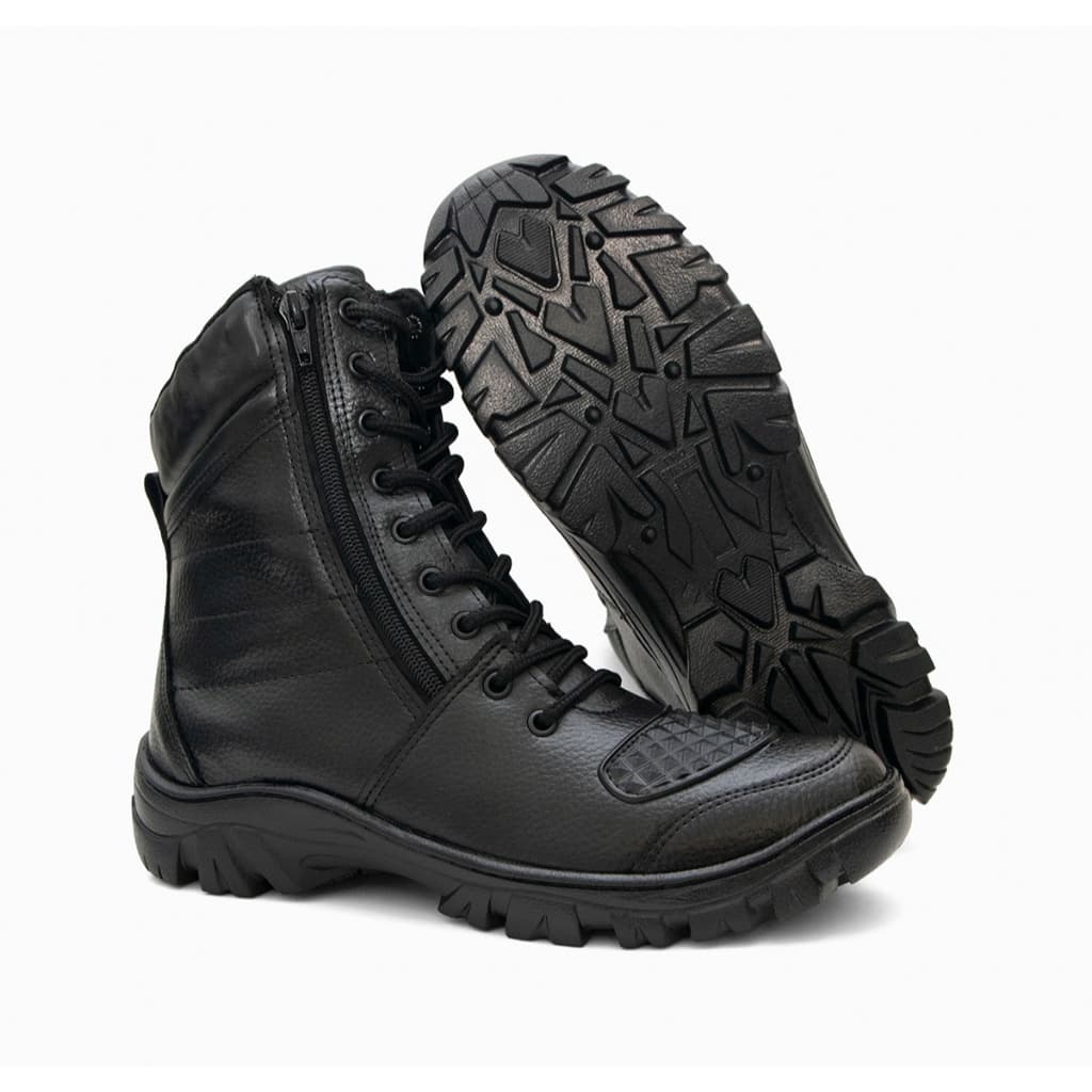 Bota Masculina Coturno Cano Alto Motociclista Tratorada Militar Preta Zíper Lateral