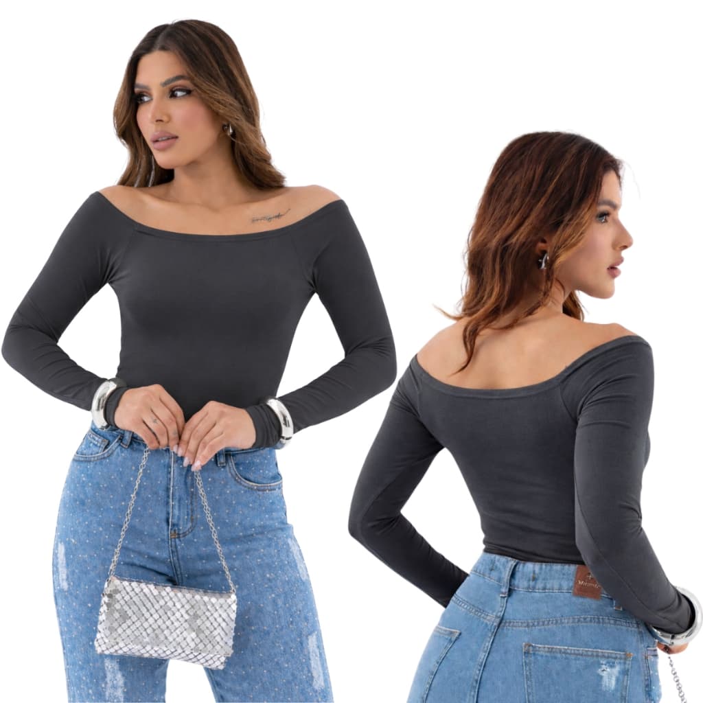Body Manga Longa Ciganinha  Ombro a Ombro Feminino Moda Gringa Suplex Modelador Premium