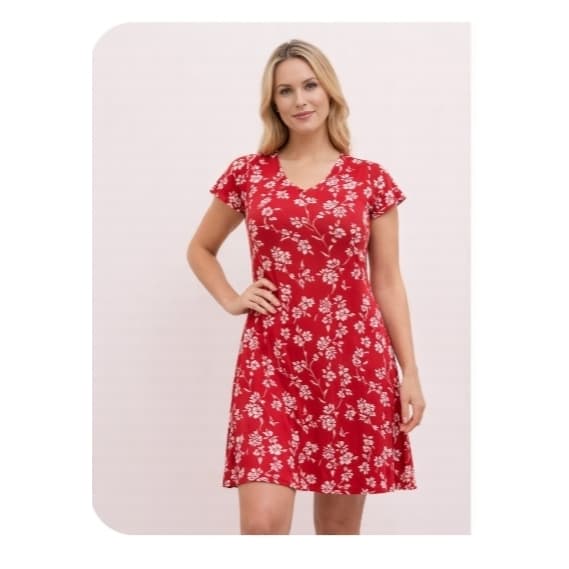 Vestido Vermelho Floral  Decote V Casual Feminino Babado na Saia