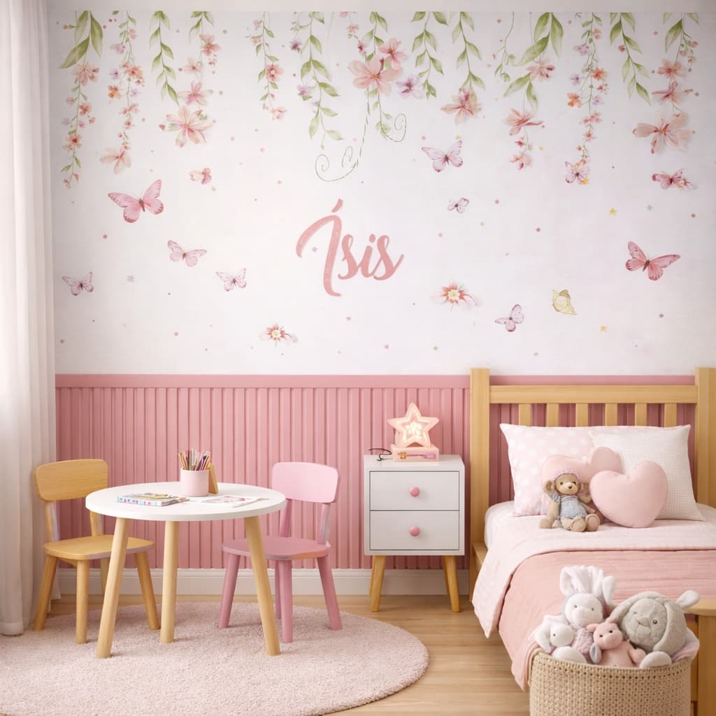 Papel de Parede Adesivo Jardim Encantado com Ripado Rosa Painel – Decoração para Quarto de Menina