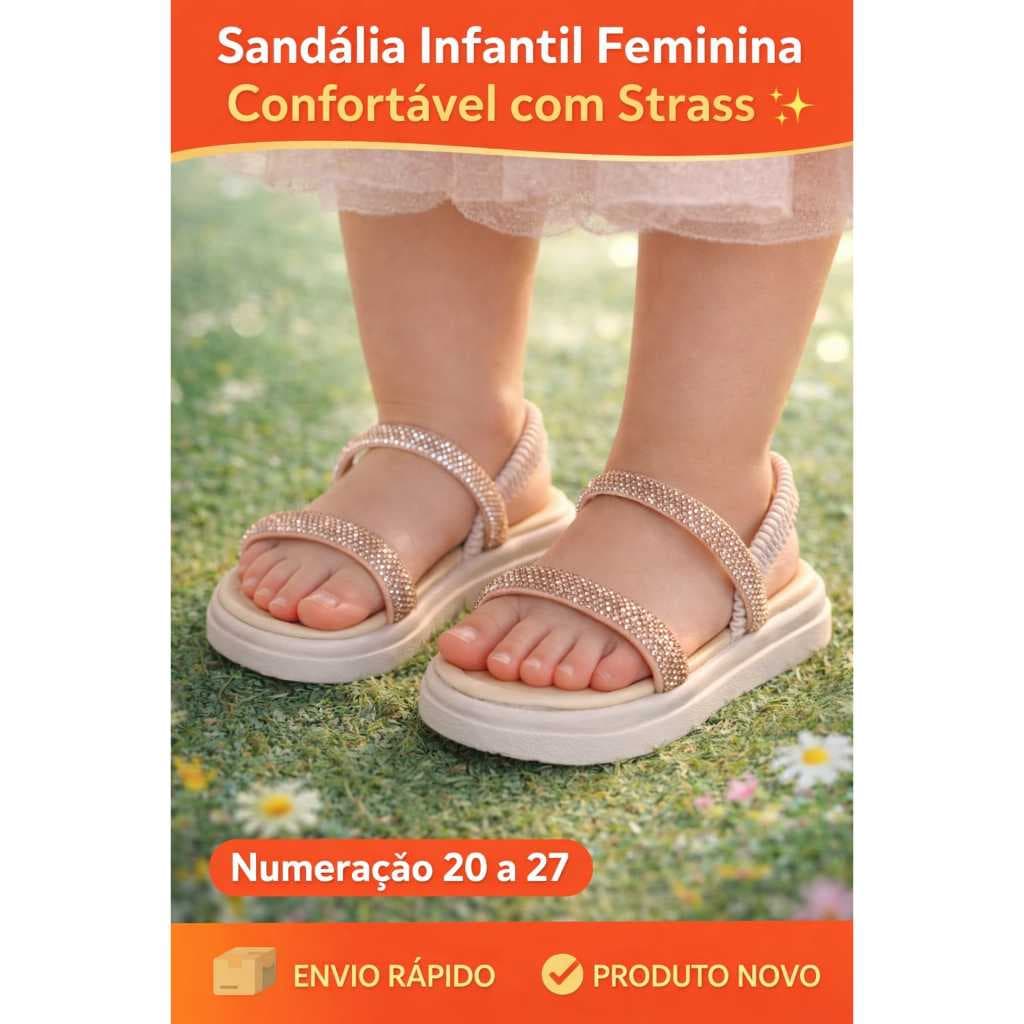 Sandália Infantil menina nude bege com Strass Brilho Confortável Festa Casual Numeração 20 ao 27
