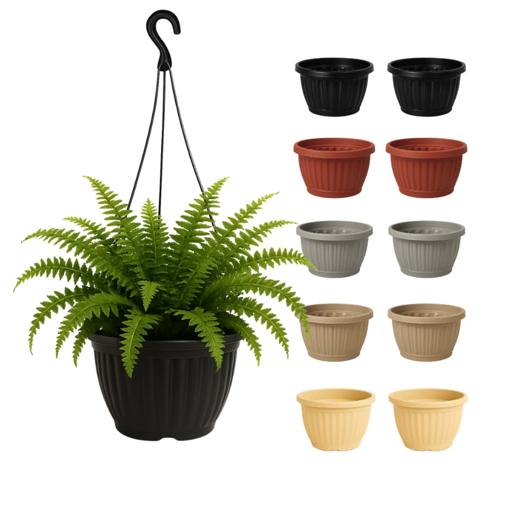 Kit 10 Vasos Pendurar Com Haste Preto Marrom Colorido Canelado 1,2 Litro Varanda Samambaia Decoração