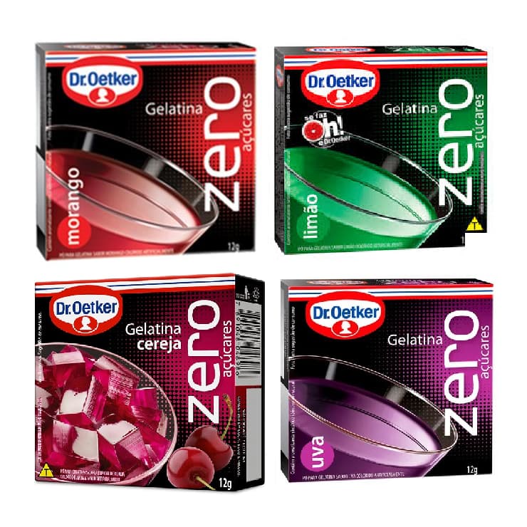 Kit C/ 12 gelatinas zero oetker Morango Limao Cereja Uva