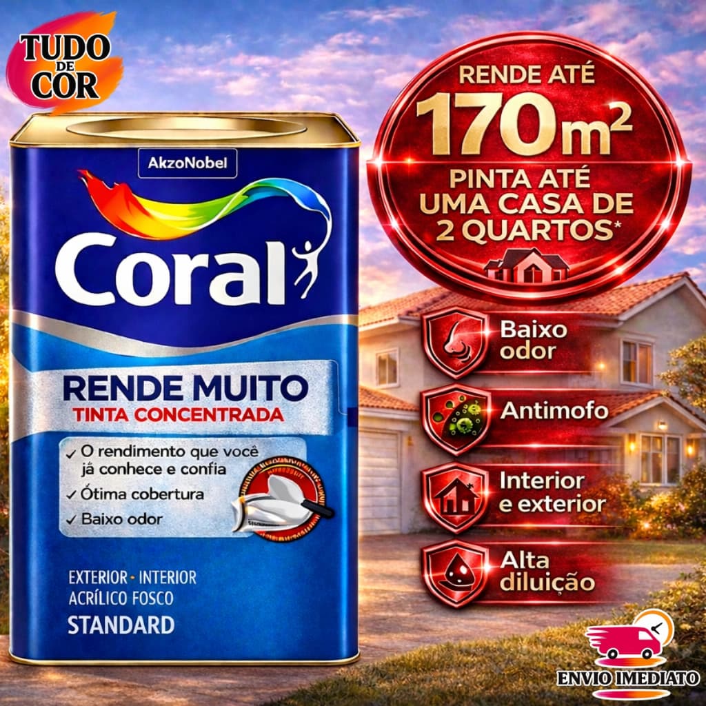 Tinta Coral Acrílica Rende Muito 18L, 16L e 20L  Fosca Lavável Standard Rendimento Secagem Rápida