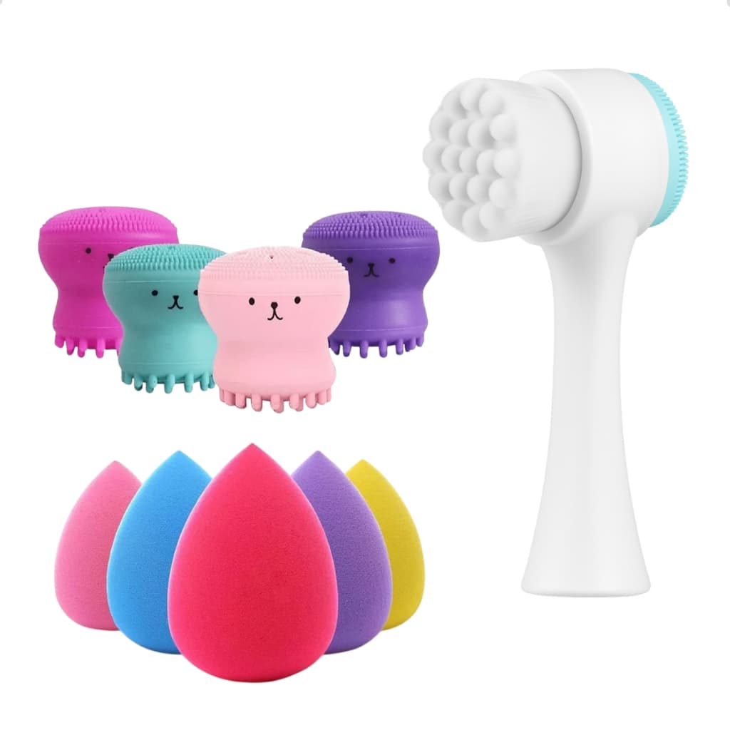 Kit Escova Limpeza Facial 2 Em 1 + 3 Esponja Maquiagem Gota + Esponja Polvo Esfoliante Massageador