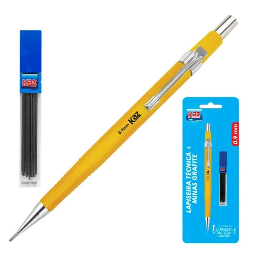 Lapiseira Técnica 0.9mm Amarela + 1 Tubo com 12 Grafites Blister KZ98029BL KAZ