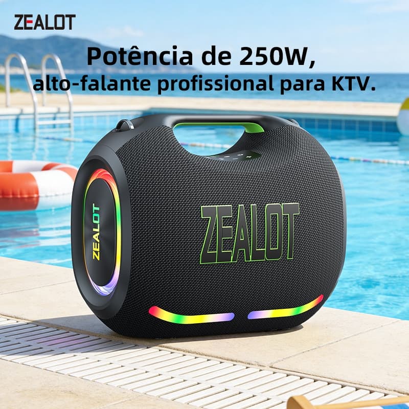 "Caixa de Som Bluetooth Portátil 250W ZEALOT ZE21 — Alta Potência, Alta Autonomia, TWS, Power Bank"