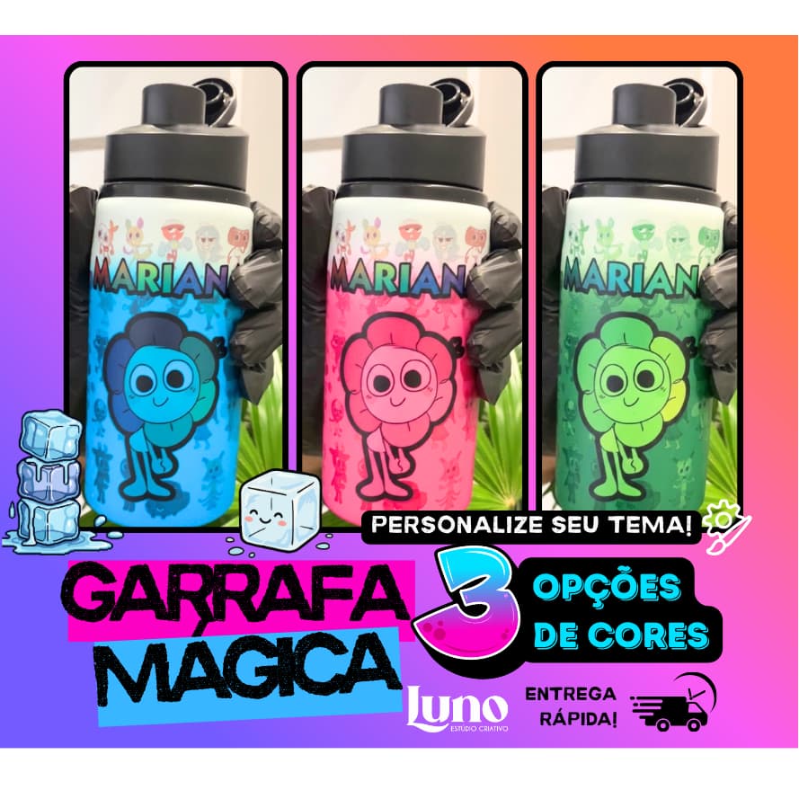Squeeze Mágica Personalizada 500ml – Muda de Cor com Líquidos Gelados | Azul, Rosa ou Verde