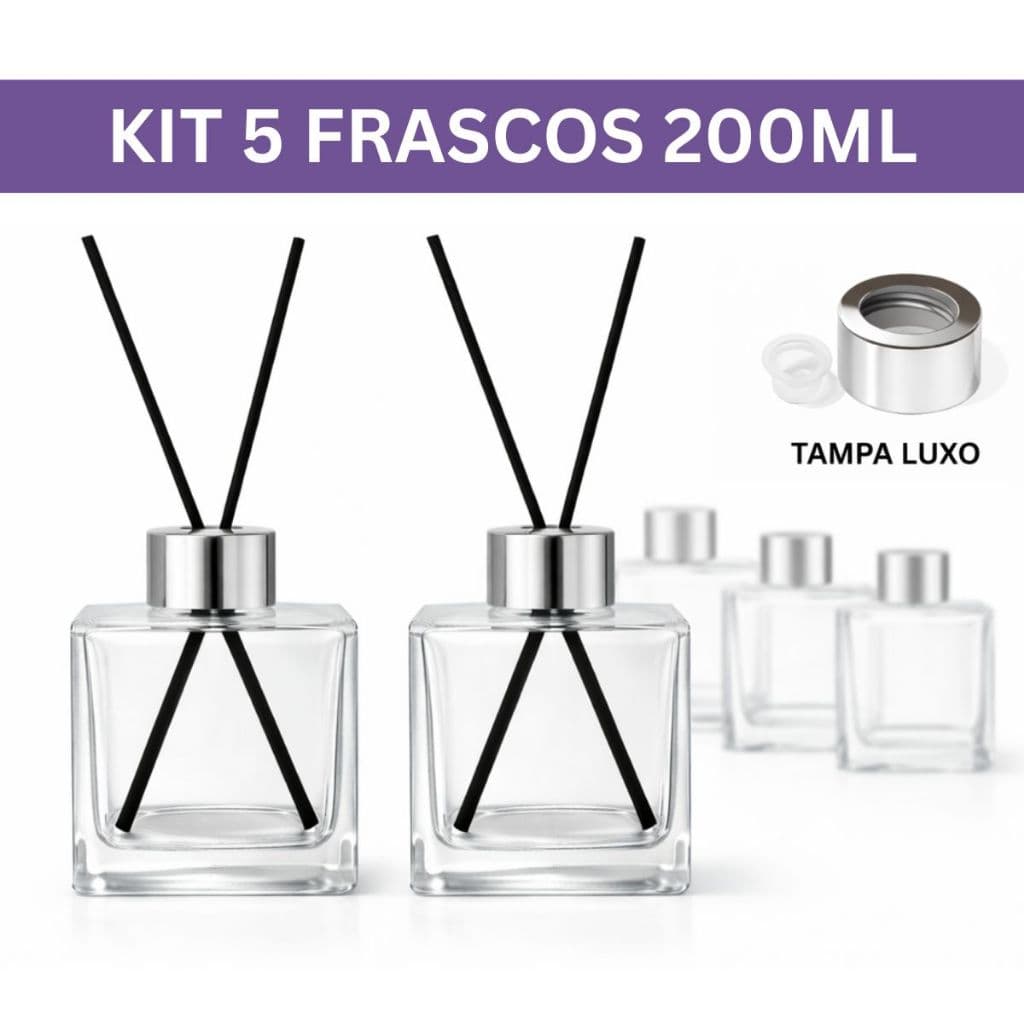 Kit 5 Vidro para Aromatizador de Ambiente 200ml Frasco Cubo com Tampa Luxo Varetas