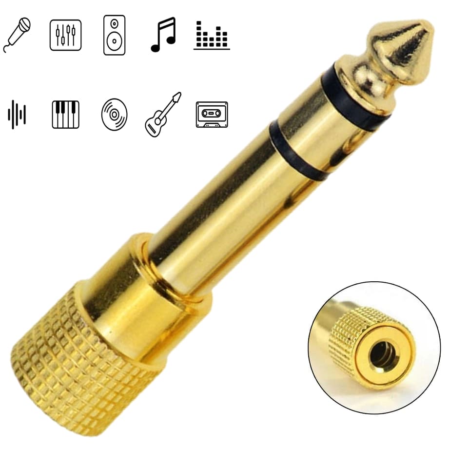 Plug Adaptador Conector P2 Fêmea (3.5mm) para P10 Macho (6.35mm) Estéreo Dourado Áudio Profissional