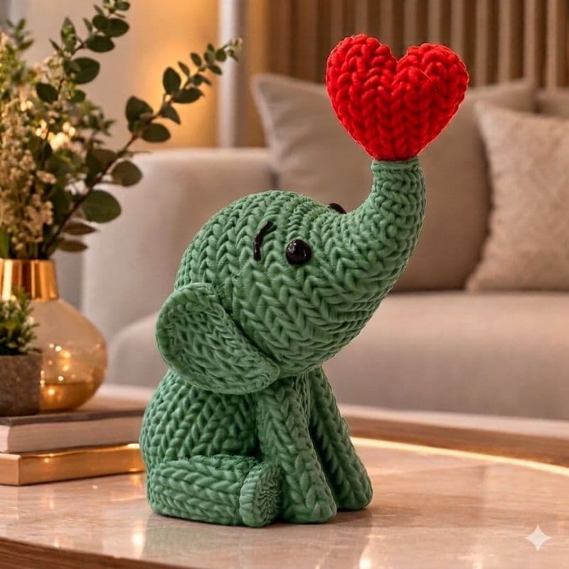 Elefante Decorativo 3D com Coração com textura tricô| Estátua em PLA | Decoração Sala / Presente | 10cm 15cm 20cm