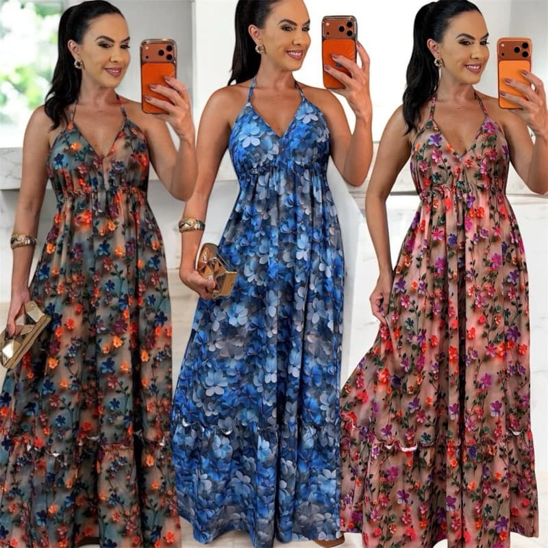 vestido Costa nua de alça estampa 3D