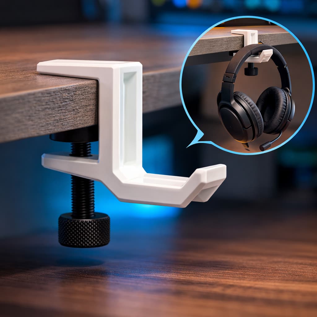 Suporte de Headset para Mesa com Rosca Ajustável – Organizador de Fone Gamer / Escritório