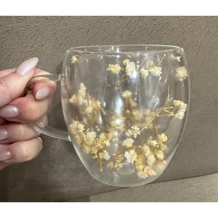 Xícara De Vidro De Parede Dupla Com Flor Seca Caneca 250 ml