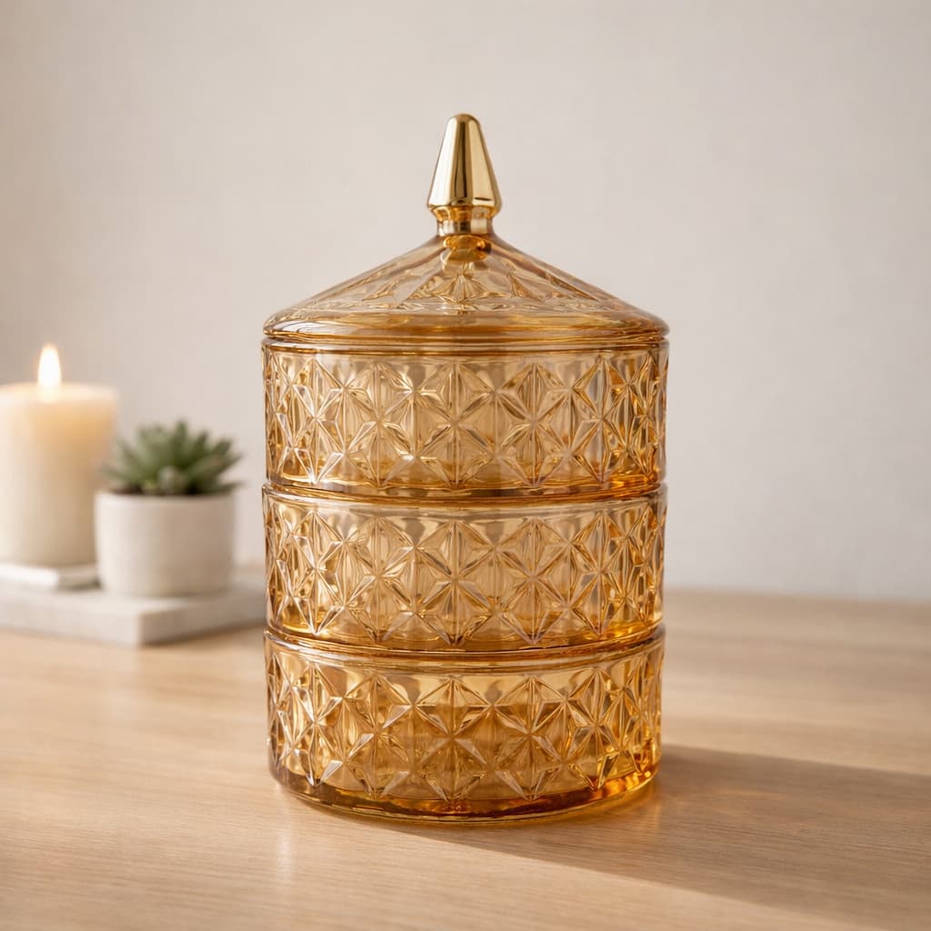 Bomboniere Potiche De Vidro Âmbar 3 Andares | Baleiro Decorativo | Sala ou Cozinha 22cm x13cm