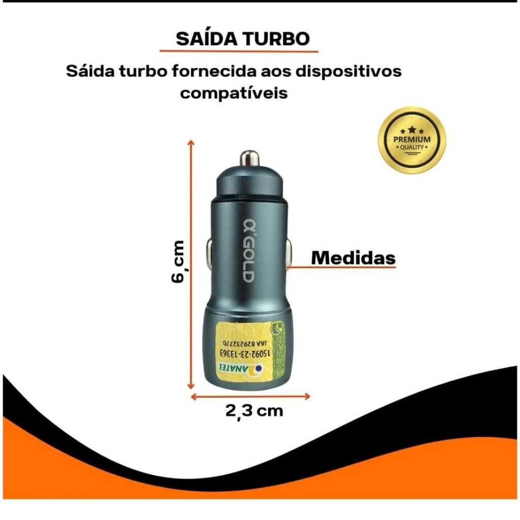 Carregador Veicular Turbo 60w 9.1A Acendedor Usb-c Ultra Rápido Carregador Para Carro • A' Gold