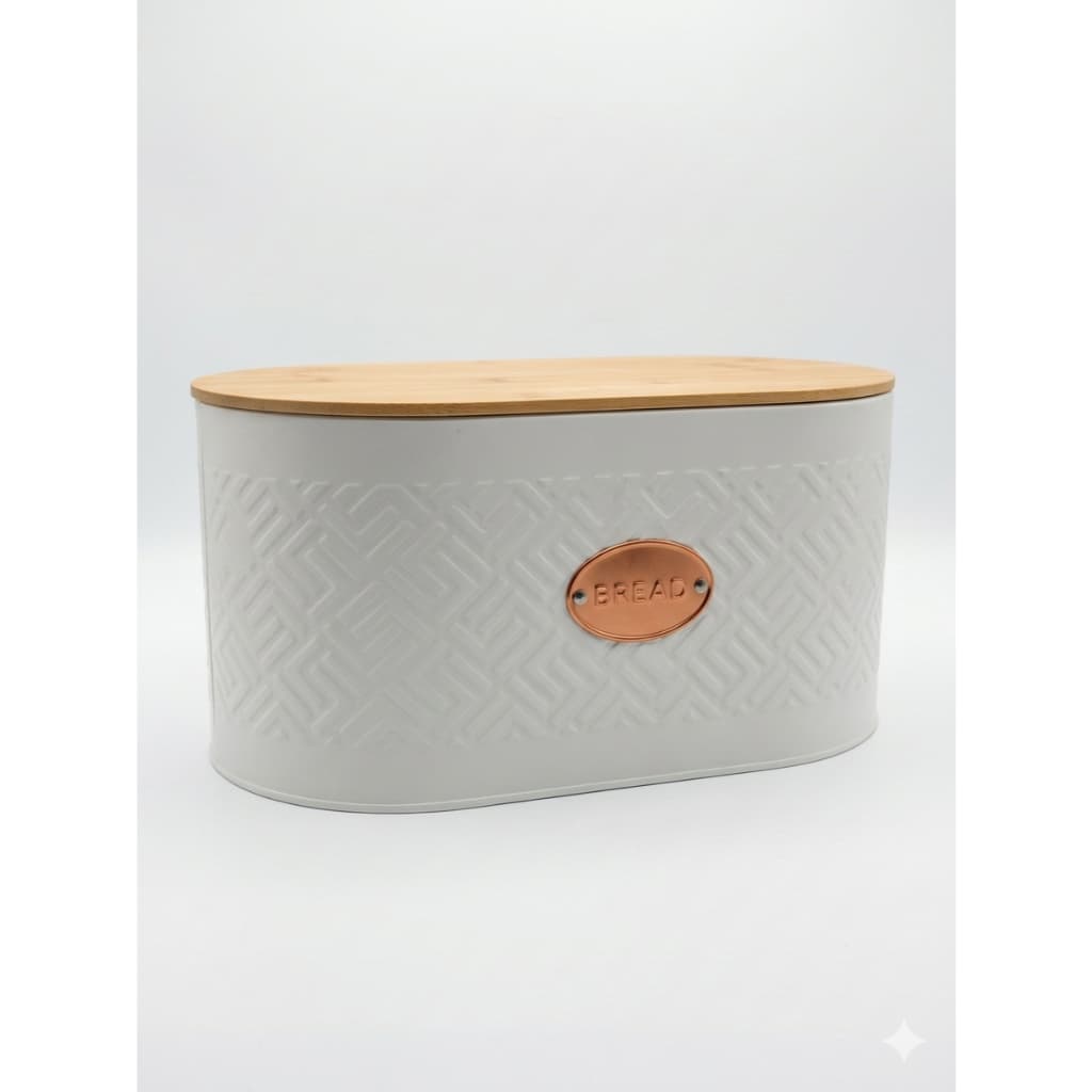 Porta Pão de Metal Branco com Tampa de Bambu