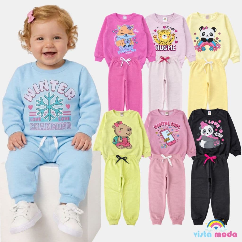 Kit Conjunto Bebê Menina Inverno Moletom Flanelado - 3 Conjuntos Infantil Feminino P AO 8