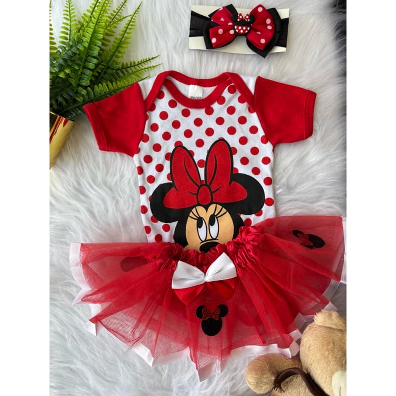 Body Minni Boneca Bebê Saia Tule e Laço – Roupa Vermelha e Branca Fantasia Mesversário Festa Infantil