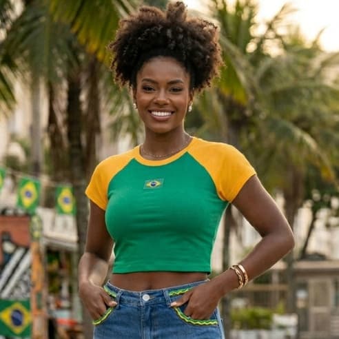 Cropped Camiseta Brasil Manga Copa do Mundo Canelada Ribana BrazilCore Tendencia