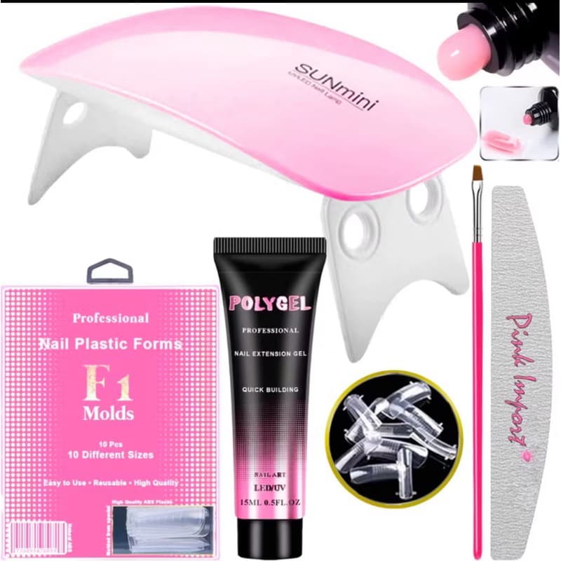 Kit Unha Pollygel Cabine SunMini Portatil Molde F1 Lixa de tips Unhas Postiça