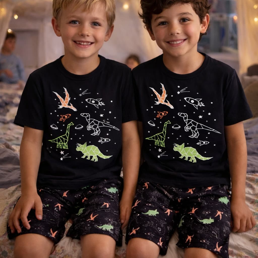 Kit 2 Pijamas Menino Infantil com Estampa Divertida que Brilham no Escuro para Festa do Pijama
