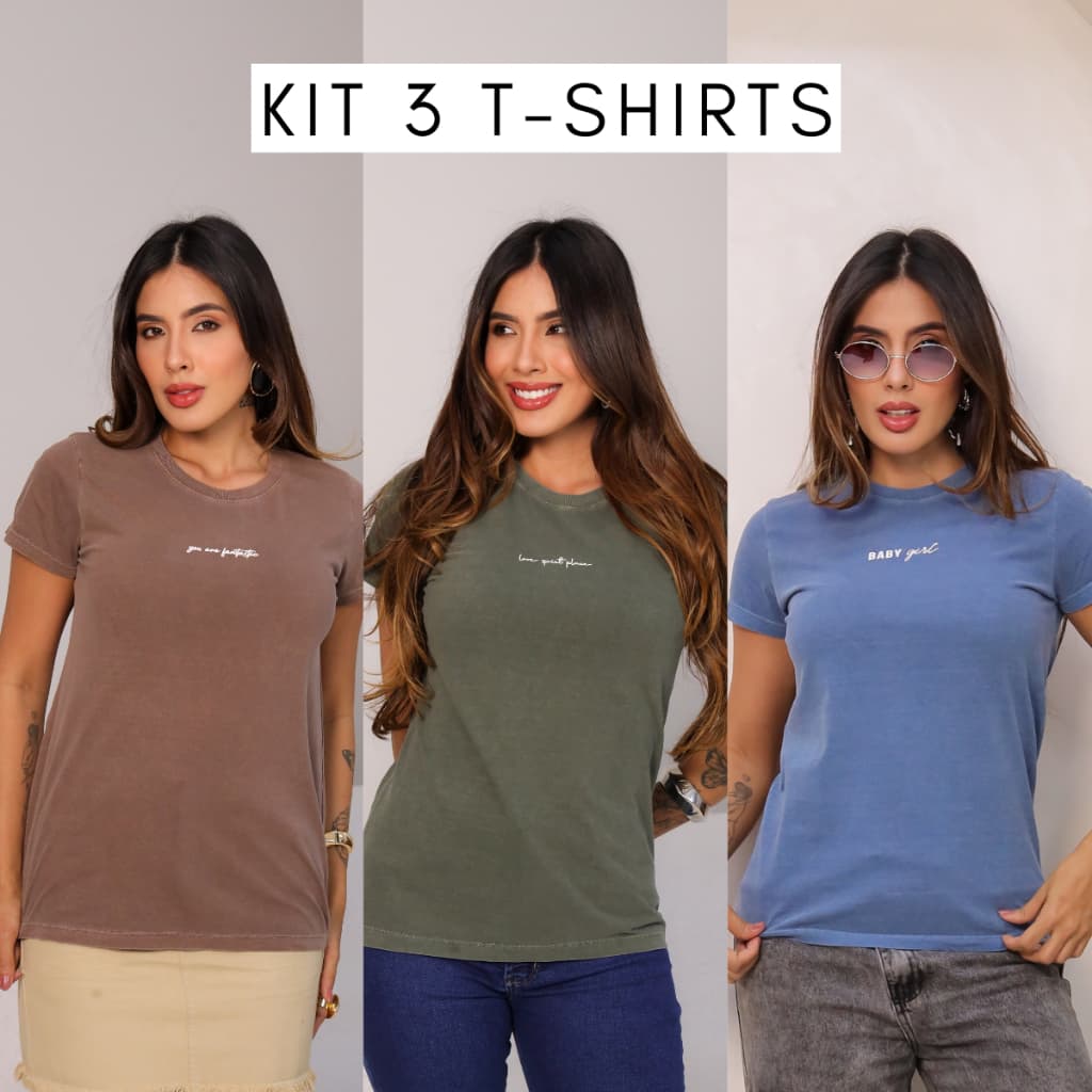 Kit 3 T-shirt Camiseta Feminina Estampada Estonada 100% Algodão Lifestyle Tendência Blogueira