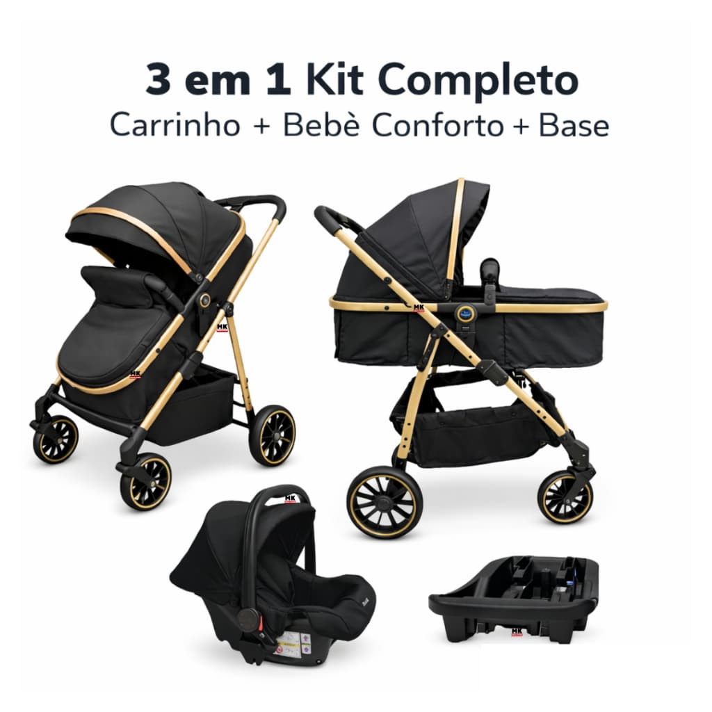 Carrinho de Bebê Move Travel System 3 Em 1 Passear Preto e Dourado + Base Veicular E Bebê Conforto
