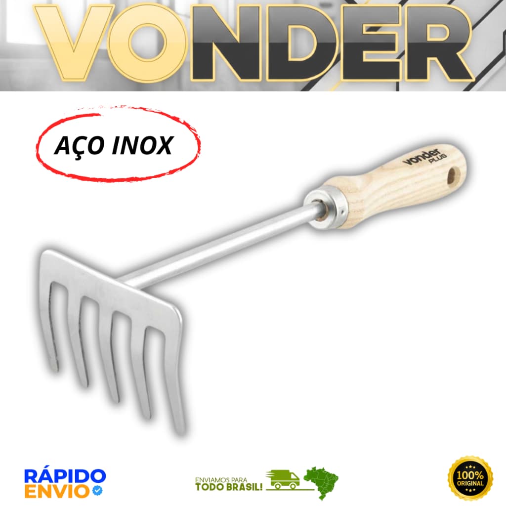 Ancinho Rastelo Com 5 Dentes Inox Para Jardim Vonder Plus Cabo Madeira Resistente Oferta Premium