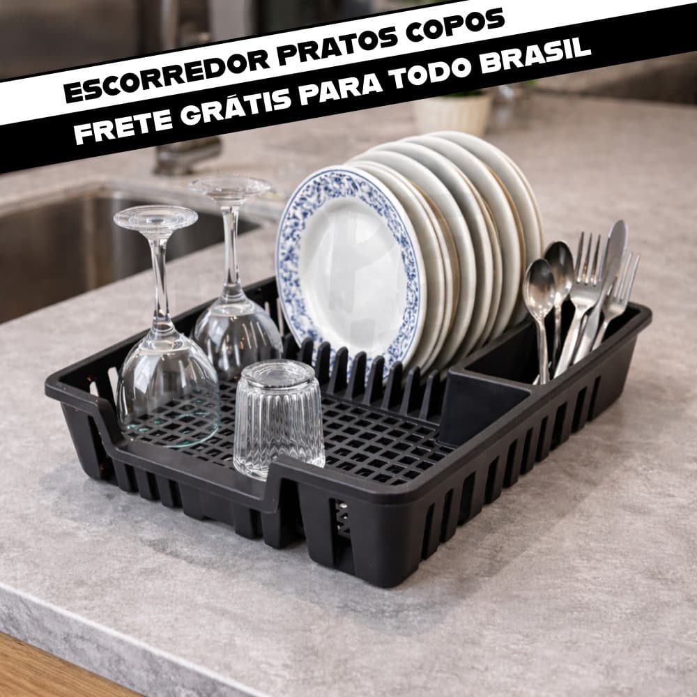 Escorredor de Louça 12 Pratos Preto Cozinha Porta Talheres Copos Organizador Pia Plástico Resistente
