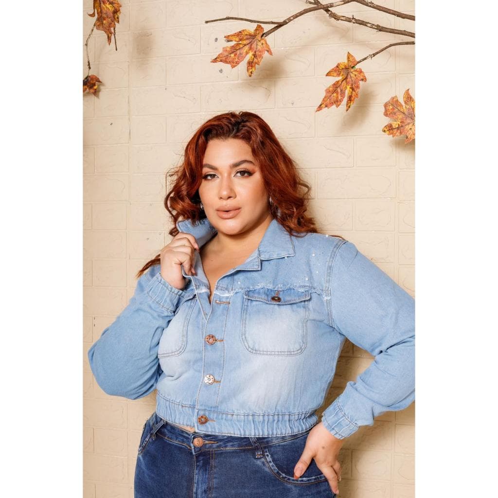 Jaqueta Jeans Bomber Feminina Plus Size C/ Brilho G1 G2 G3