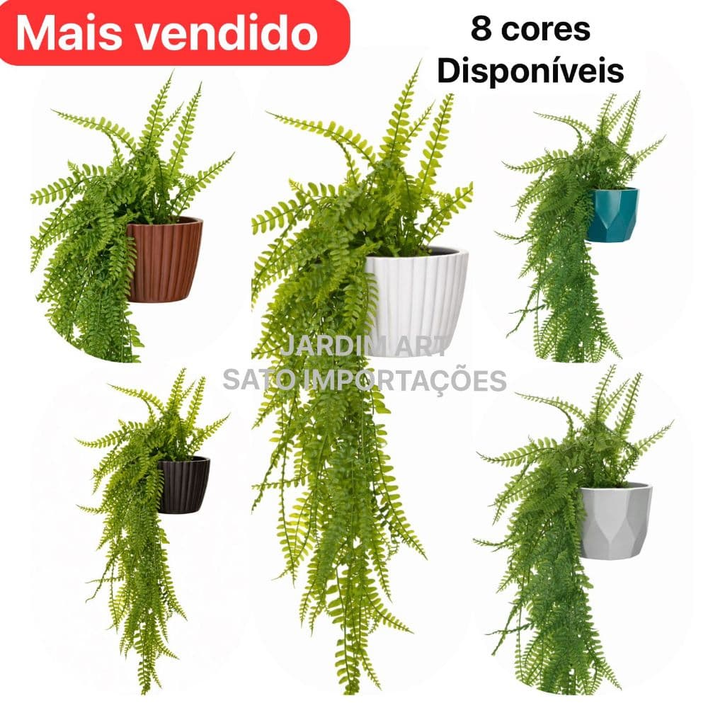 Kit Planta Decorativa: Vaso polietileno cerâmico + 1 Pendente Artificial Folhas De SAMAMBAIA
