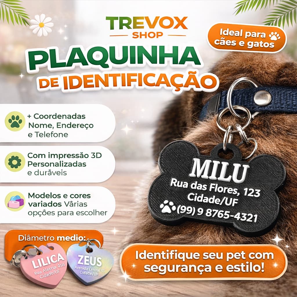 Plaquinha de Identificação Pet Personalizada para Cães e Gatos com Nome Endereço Tag Pet para Coleira e Telefone