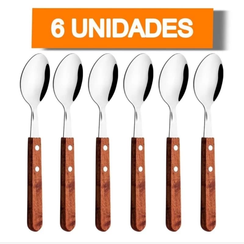 Conjunto Colher c/6 unidades Cabo de Madeira Inox - Cozinha - Restaurante - Bar - Sopa