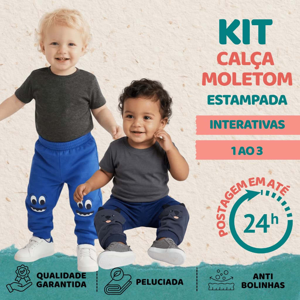 Calça Moletom Infantil Menino 1 ao 3 bebê Interativo Turminha e Cia