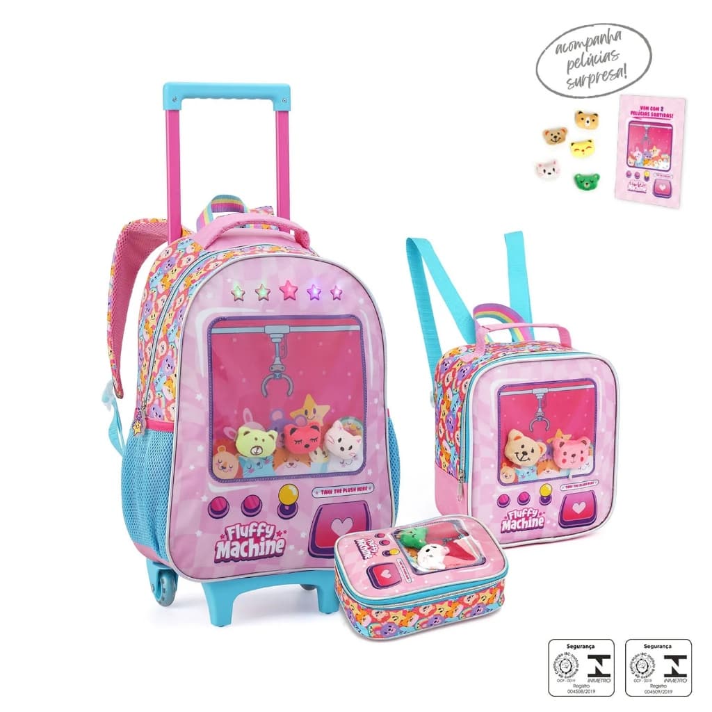 Kit Mochila De Rodinha Infantil Escolar Rosa Com Lancheira e Estojo Para Menina Com Led