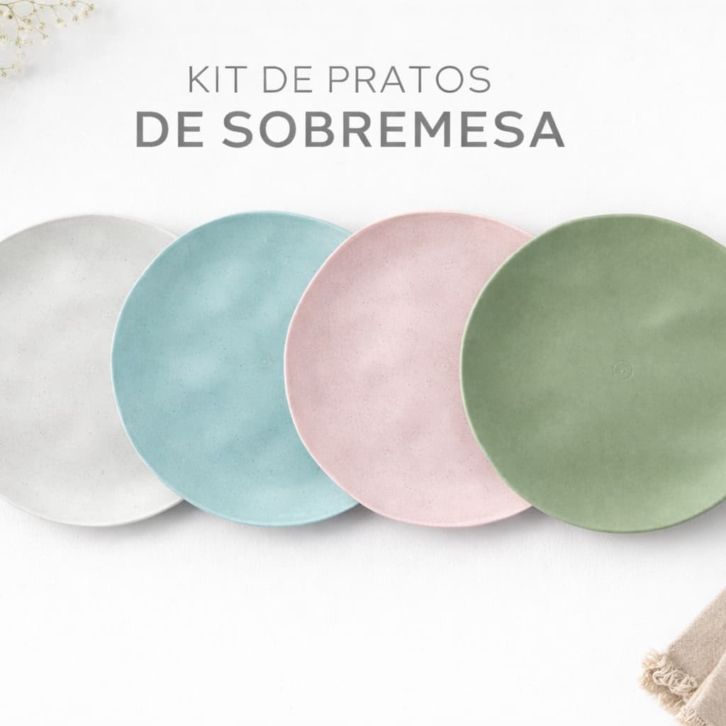 Kit 6 Pratos de Sobremesa 19,5cm Fibra de Bambu | Prato Ecológico Leve e Resistente | Mesa Posta Elegante Cores Sortidas
