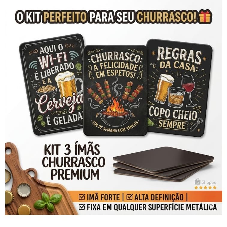 Kit 3 Ímãs de Geladeira Churrasco e Bebidas - Estampado em MDF(Não é Adesivo) - Área Gourmet Premium
