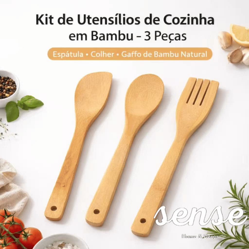 Kit Colher de Bambu Cozinha 3 Peças Espátula Colher Garfo Utensílios de Cozinha Natural