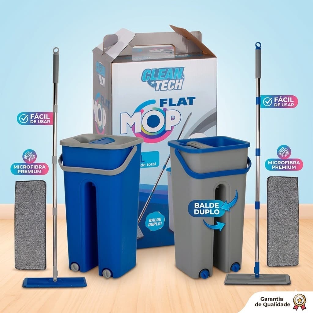 Rodo Flat Mop Lava e Seca com Balde + 2 Refis Microfibra | Esfregão Limpeza de Piso Vidro e Azulejo