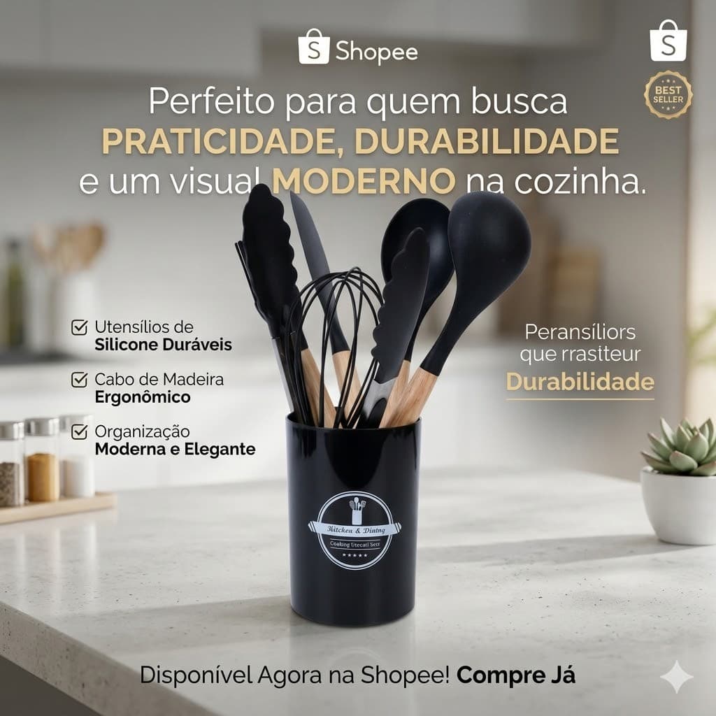 Jogo Com 7 Peças de Silicone Cabo Madeira Antiaderente Espátulas e Colheres Cor Preto, Vermelho e C