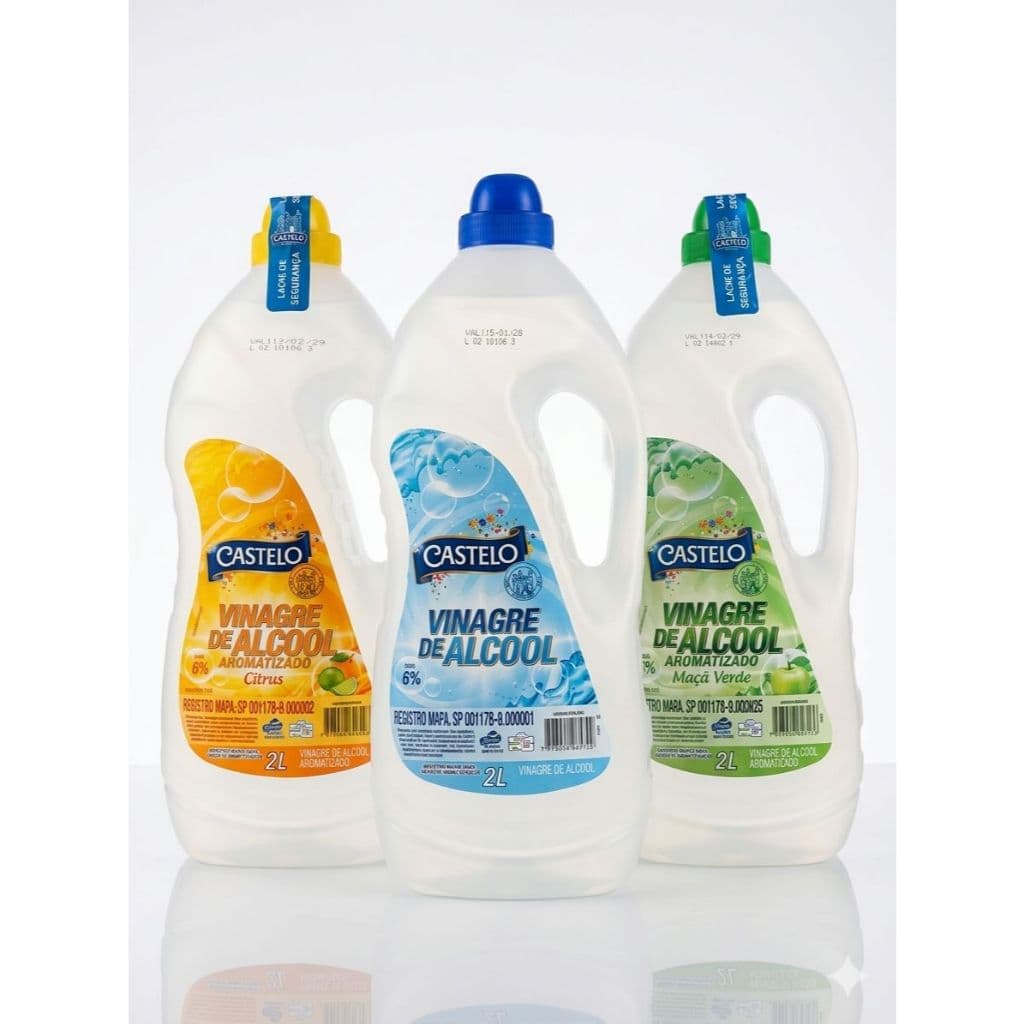 Kit 3 Vinagre Castelo 6% 2L Tradicional Citrus e Maçã Multiuso Limpeza Cozinha