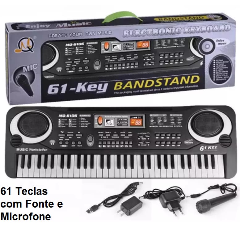 Teclado Musical Infantil Elétrico Preto com Microfone e Fonte Brinquedo Educativo para Crianças